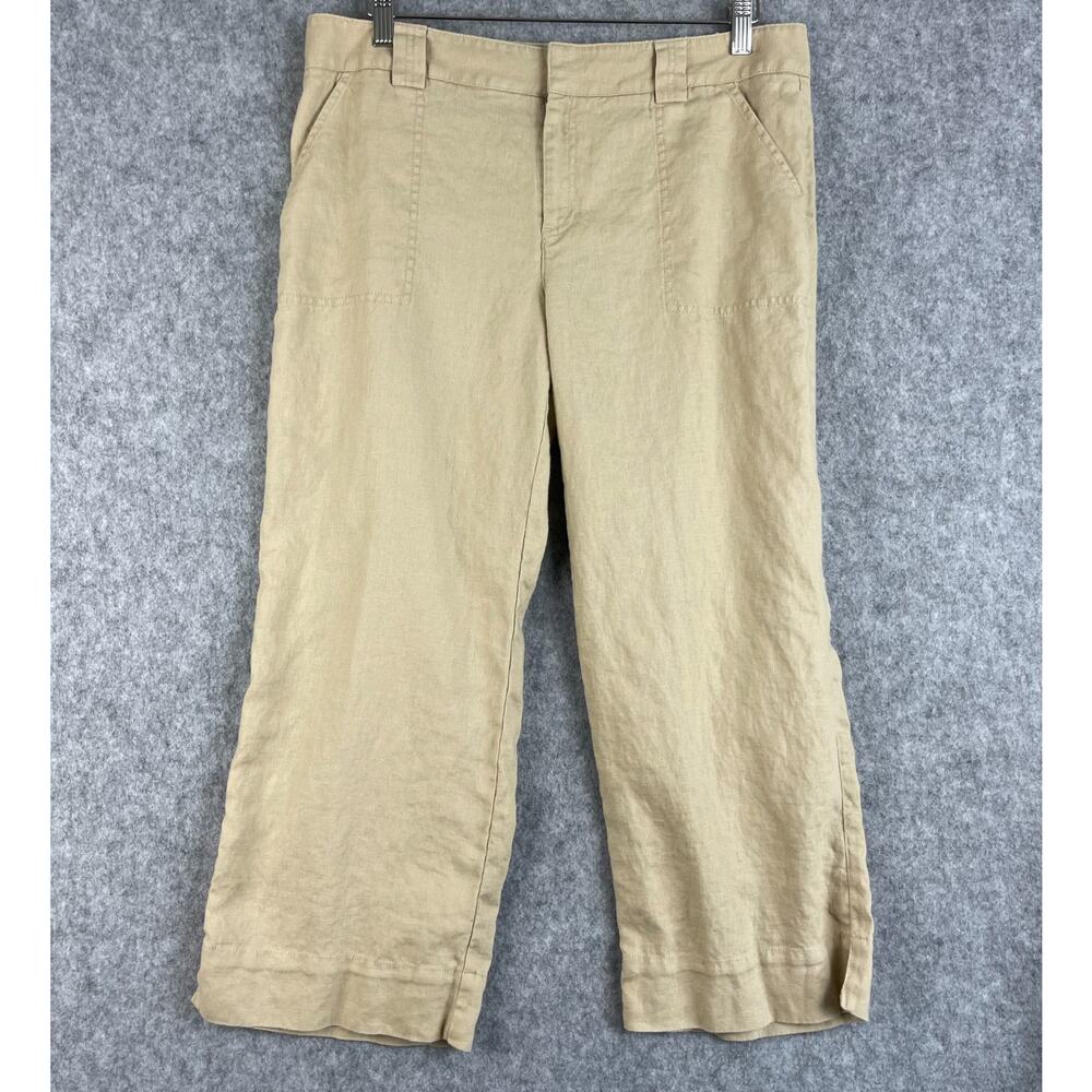 Eddie Bauer Linen Pants Womens 12 Beige Vashon Fit Wide Leg Cropped Coastal
